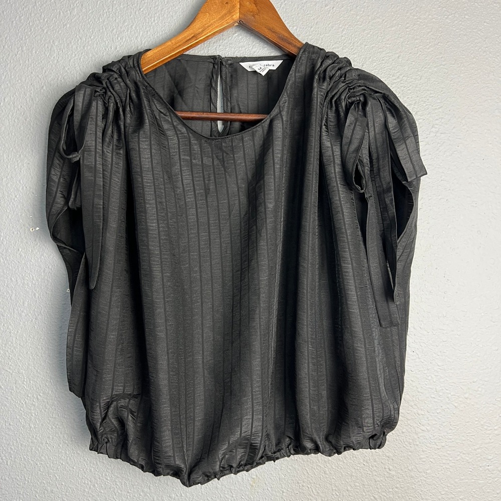 Naked Zebra Ruched Drawstring Shoulder SL Blouse Black Top‎ Elegant Party Medium